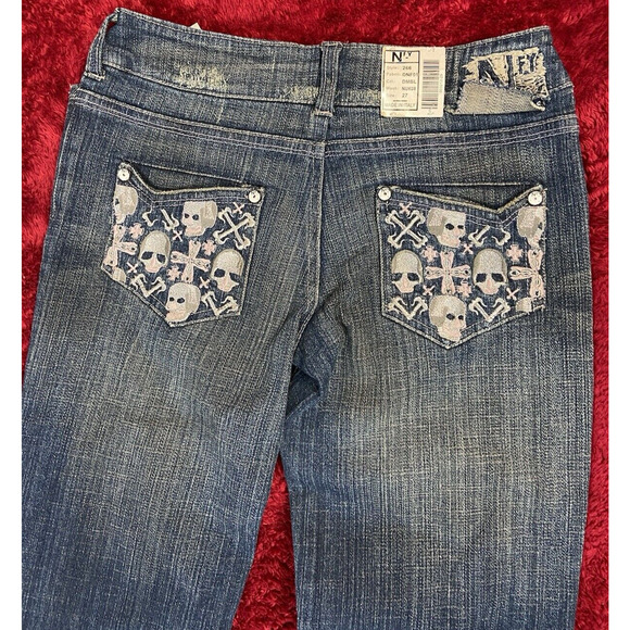 NFY 266 Jeans Blue Size 27x33 Straight Leg Skull Pocket Distressed Italy Tags - Picture 1 of 11